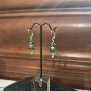 Green and Silver Dangle Earrings with Crystal Accents